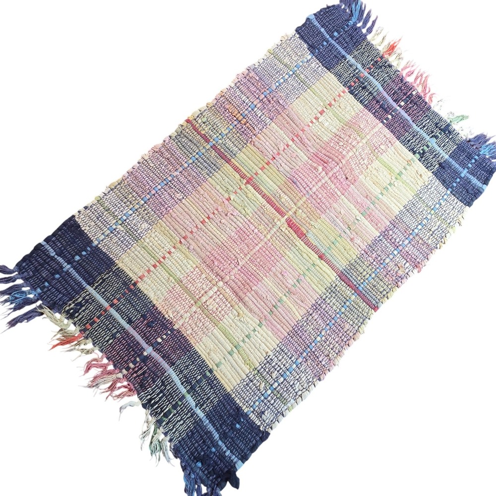 Rag Rug Blue Cream Pink Mat Knotted Weave 34" x 20" Country Rustic Rural Cottage